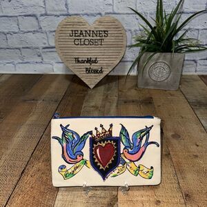 BRIGHTON Love Of Art Dove Heart Canvas Multicolor Zipper Pouch Cosmetic Bag